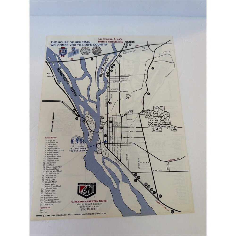 Heileman Brewery Ad Old Style Map La Crosse WI POINTS OF INTEREST Hotel Tourist